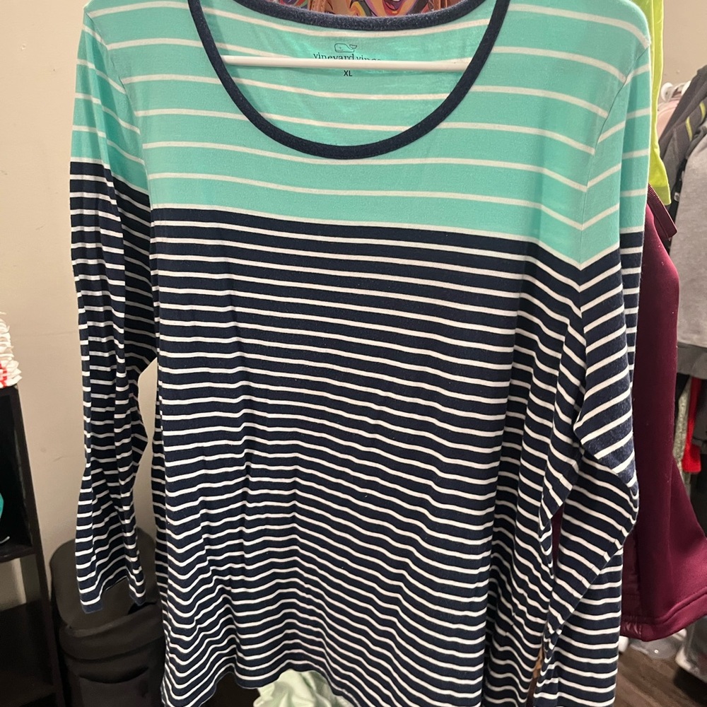 Vineyard Vines Long Sleeve Top - Mint and Navy Stripes
